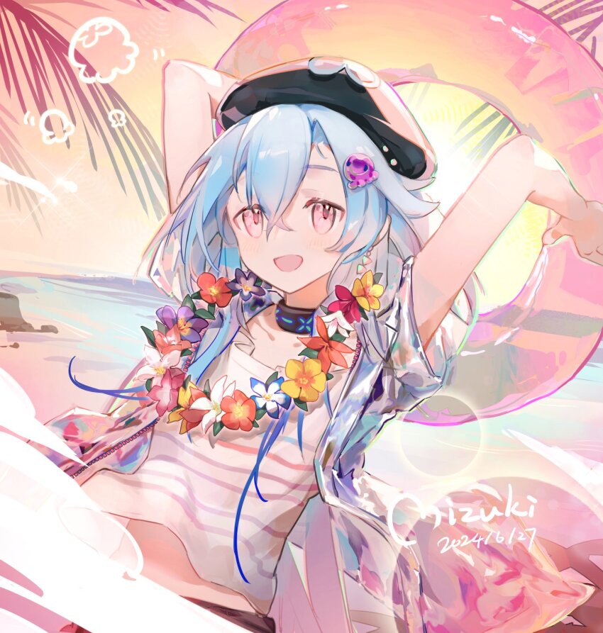 1boy arknights blue_hair blue_jacket boleror_(snowcmpie) character_name chinese_commentary cloud commentary_request dated flower flower_necklace highres holding holding_swim_ring innertube jacket jellyfish_hair_ornament jewelry lei light_blue_hair long_hair looking_at_viewer male_focus mizuki_(arknights) mizuki_(summer_feast)_(arknights) necklace ocean open_mouth outdoors pink_eyes pink_sky shirt sky smile solo striped_clothes striped_shirt sunset swim_ring upper_body white_shirt