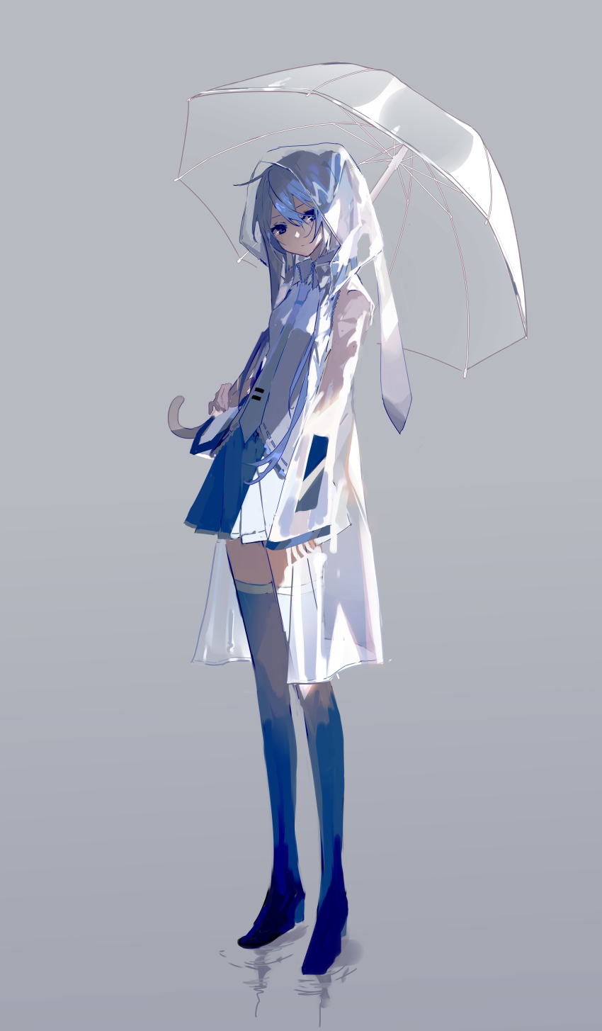 1girl absurdres arms_at_sides backlighting black_thighhighs blue_eyes blue_hair blue_necktie blue_theme breasts closed_mouth coat collared_shirt detached_sleeves expressionless eyelashes female_focus full_body grey_background grey_theme hair_between_eyes half-closed_eyes hatsune_miku highres holding holding_umbrella long_hair looking_afar mamenomoto necktie open_clothes open_coat pleated_skirt raincoat see-through_clothes see-through_raincoat shirt simple_background skirt small_breasts solo standing thighhighs transparent transparent_umbrella twintails umbrella vocaloid white_shirt zettai_ryouiki