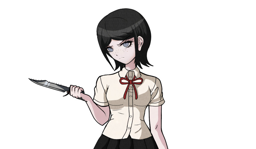1girl absurdres angry black_hair black_skirt blue_eyes bow breasts closed_mouth combat_knife crossed_arms danganronpa:_trigger_happy_havoc danganronpa_(series) drakidor female_focus freckles frown hand_tattoo hand_up highres holding holding_knife holding_weapon ikusaba_mukuro knife looking_at_viewer medium_breasts neck_ribbon official_style open_mouth pleated_skirt red_bow red_ribbon ribbon shirt shouting simple_background skirt solo solo_focus tattoo tattoo_on_hand teeth third-party_edit tongue transparent_background upper_teeth_only weapon white_shirt xxgoldmadnessxx