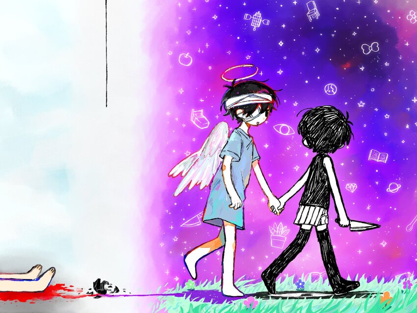 2boys angel_wings antenna_hair bandaged_head bandages barefoot black_eyes black_hair black_thighhighs colored_skin disembodied_leg eyepatch highres holding holding_knife hospital_gown knife looking_at_another male_focus medical_eyepatch multiple_boys omori omori_(omori) rou_(h_s_sinrin) short_sleeves shorts something_(omori) spoilers striped_clothes striped_shorts sunny_(omori) thighhighs vertical-striped_clothes vertical-striped_shorts white_shorts white_skin wings