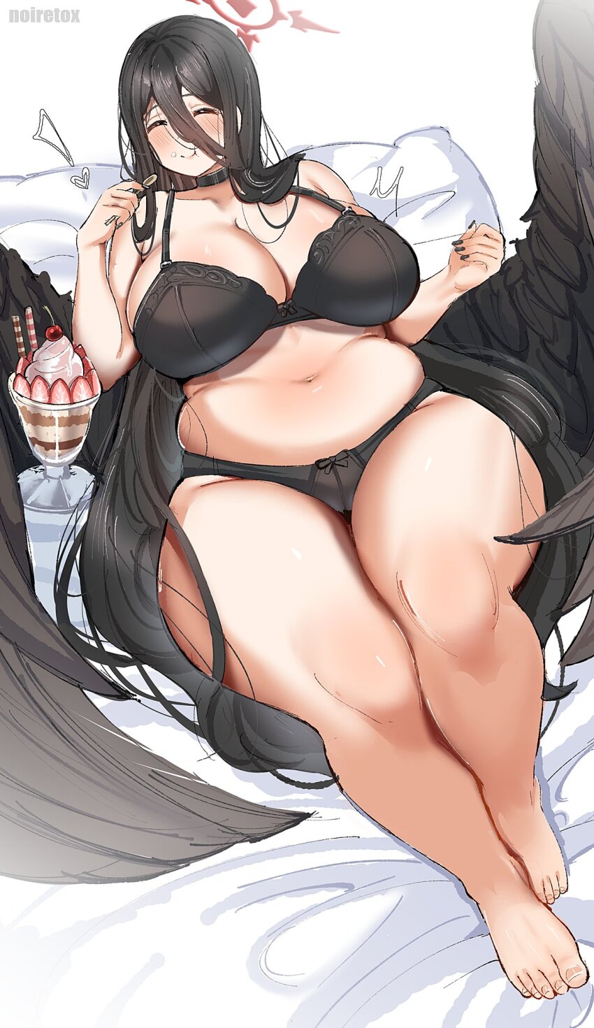 1girl artist_name bed black_bra black_choker black_hair black_nails black_panties black_wings blue_archive blush bra breasts choker cleavage closed_eyes curvy eating feathered_wings food food_on_face from_above hair_between_eyes halo happy hasumi_(blue_archive) heart highres huge_breasts long_hair low_wings lying muffin_top navel noiretox on_back on_bed panties parfait plump skindentation smile solo thick_thighs thighs underwear very_long_hair white_background wide_hips wings
