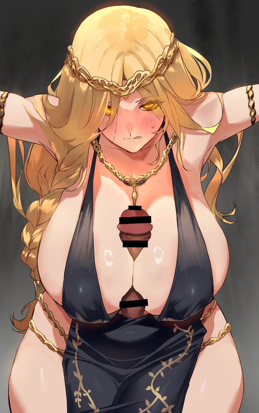 1boy 1girl absurdres alternate_body_size alternate_breast_size alternate_costume bar_censor bare_shoulders black_dress blonde_hair blush braid breasts censored circlet cleavage clenched_teeth crucifixion curvy dress elden_ring eyes_visible_through_hair gold_armlet gold_circlet gold_necklace hair_over_shoulder halterneck handsfree_paizuri highres huge_breasts jewelry leaning_forward long_hair looking_at_viewer mature_female necklace negresco paizuri penis queen queen_marika_the_eternal sideboob solo_focus sweat teeth wide_hips yellow_eyes