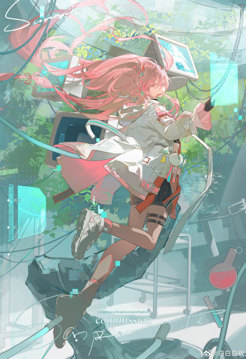 1girl absurdres baibaibaizai belt belt_buckle black_belt black_gloves black_shorts buckle chinese_commentary coat commentary_request commission demon_horns eyelashes floating floating_hair frilled_sleeves frills full_body glass_bottle gloves highres holographic_monitor horns indoors jacket long_hair long_sleeves looking_at_viewer loose_hair_strand monitor open_clothes open_coat original parted_lips pink_eyes pink_hair pink_jacket pink_socks pinstripe_shorts pocket red_horns sample_watermark shoes shorts small_horns sneakers socks solo thigh_belt thigh_strap tree two-sided_fabric two-sided_jacket very_long_hair watermark weibo_watermark white_coat white_shoes