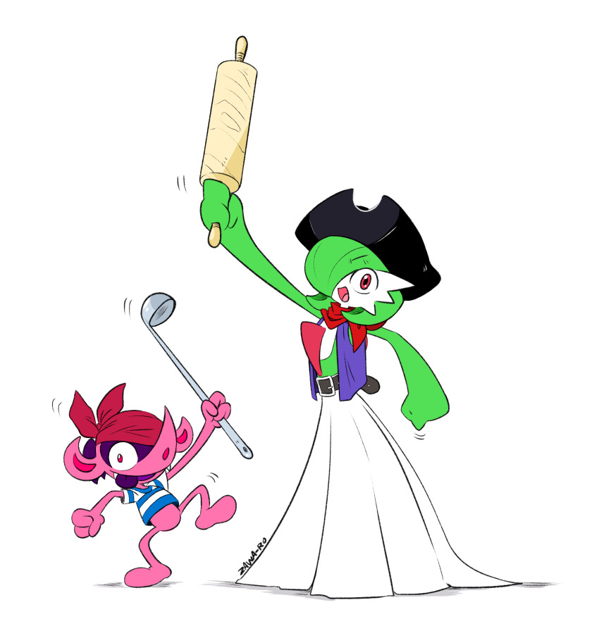 absurdres bandana belt bob_cut clothed_pokemon colored_skin colored_tongue dress gardevoir gen_3_pokemon gen_8_pokemon green_hair green_skin hair_over_one_eye hat highres impidimp ladle looking_at_viewer multicolored_skin nintendo open_mouth pink_eyes pink_skin pirate_hat pokemon pokemon_(creature) purple_tongue red_scarf scarf shirt signature soup_ladle striped_clothes striped_shirt superiordutchsauce tongue tongue_out two-tone_skin white_dress white_skin