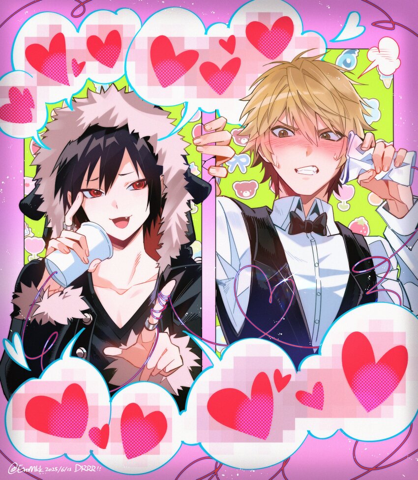 2boys absurdres ben-day_dots black_bow black_bowtie black_hair black_jacket black_shirt black_vest blonde_hair blush bow bowtie brown_eyes clenched_teeth collared_shirt cup dated durarara!! eromkk fang heart heiwajima_shizuo highres holding holding_cup hood hood_up hooded_jacket jacket jewelry male_focus multiple_boys orihara_izaya red_eyes ring screentones shirt short_hair signature spoken_blush spoken_heart string_phone sweat teeth twitter_username vest white_shirt yaoi