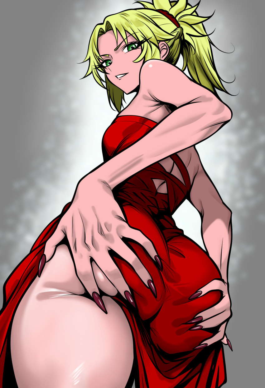 1girl absurdres ass ass_focus back blonde_hair breasts dress eyebrows_hidden_by_hair eyes_visible_through_hair fake_nails fate/apocrypha fate/grand_order fate_(series) fingernails gluteal_fold grabbing_own_ass green_eyes grey_background hair_elastic hand_on_own_ass highres leotard long_fingernails looking_at_viewer medium_hair mordred_(fate) mordred_(fate/apocrypha) mordredpenx red_dress red_nails sharp_fingernails simple_background small_breasts smile solo spiked_hair standing strapless strapless_leotard teeth thighs