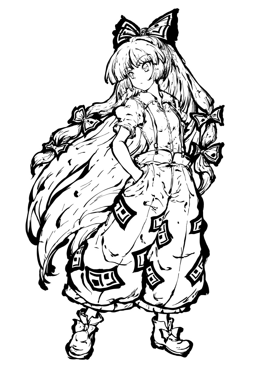 1girl absurdres bow breasts footwear_bow fujiwara_no_mokou hair_bow hands_in_pockets highres long_hair looking_to_the_side monochrome multiple_hair_bows pants pioartstuff puffy_pants simple_background small_breasts suspenders tokiame_(style) touhou two-tone_bow very_long_hair white_background