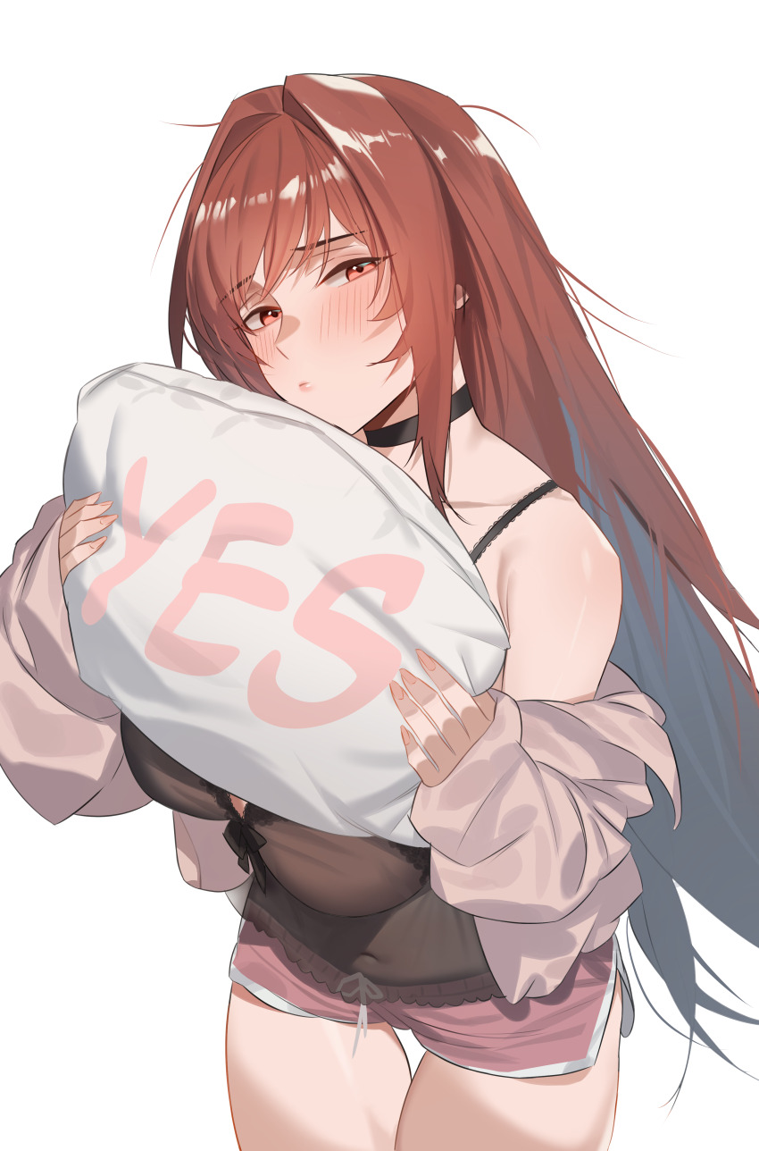1girl absurdres black_nightgown commentary english_commentary english_text goddess_of_victory:_nikke highres holding holding_pillow nightgown official_alternate_design official_alternate_hair_color pillow rapi_(nikke) rapi_(red_hood)_(cherished_red)_(nikke) rapi_(red_hood)_(nikke) simple_background sleepwear solo twentytwo_(twenty_zwei) white_background yes-no_pillow
