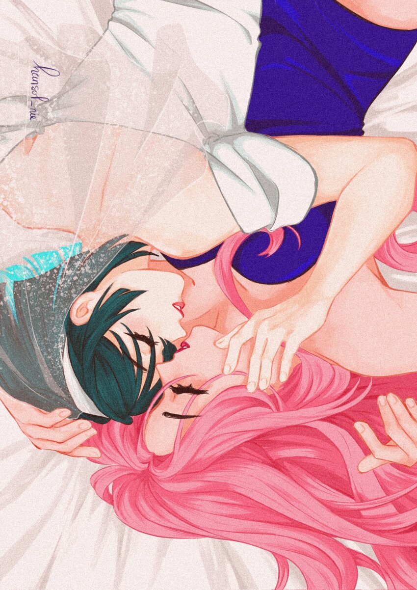 2girls alien_stage black_hair blue_dress closed_mouth commentary dress english_commentary hairband hansol_nie highres long_hair lying mizi_(alien_stage) multiple_girls off-shoulder_dress off_shoulder pink_hair red_lips see-through_clothes see-through_veil short_hair short_sleeves signature sua_(alien_stage) veil white_dress white_hairband yuri