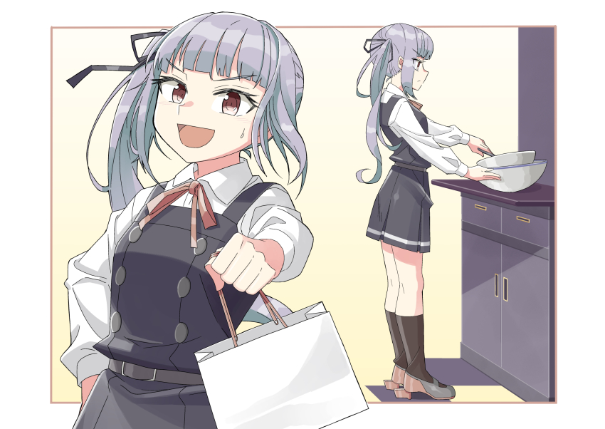 &gt;:d 1girl bag belt belt_buckle black_belt black_dress black_ribbon black_socks blush brown_eyes buckle buttons collared_shirt cooking dress grey_hair hair_ribbon highres holding holding_bag kantai_collection kasumi_(kancolle) kasumi_kai_ni_(kancolle) kazh_(kazu) kneehighs loafers long_hair long_sleeves looking_at_viewer mixing_bowl multiple_views open_mouth paper_bag pinafore_dress red_ribbon ribbon rudder_footwear shirt shoes side_ponytail skirt sleeveless sleeveless_dress socks standing white_shirt