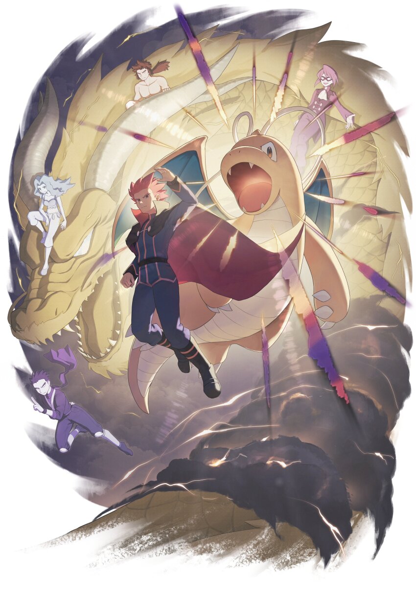1girl 4boys absurdres black_footwear blue_jumpsuit boots brown_hair bruno_(pokemon) cape closed_mouth dragon dragonite floating gen_1_pokemon highres jumpsuit karen_(pokemon) koga_(pokemon) lance_(pokemon) long_hair looking_at_viewer male_focus multiple_boys nintendo odd_(hin_yari) pokemon pokemon_(creature) pokemon_hgss ponytail purple_hair red_hair spiked_hair will_(pokemon)