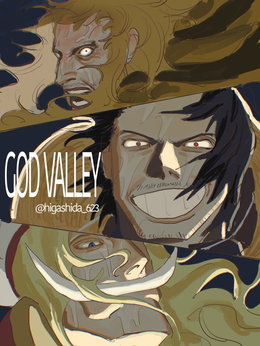 3boys beard_stubble black_background black_hair blonde_hair blue_eyes edward_newgate facial_hair gol_d._roger hat higashida_623 highres kinjishi_no_shiki long_hair male_focus multiple_boys mustache one_piece open_mouth red_eyes short_hair simple_background straw_hat stubble twitter_username