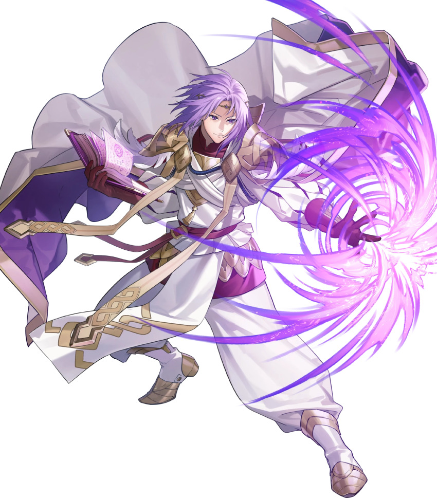 1boy attack book brown_gloves cape circlet fire_emblem fire_emblem:_the_sacred_stones fire_emblem_heroes gloves glowing_book gold_trim highres holding holding_book lyon_(fire_emblem) lyon_(resplendent)_(fire_emblem) magic male_focus medium_hair nintendo non-web_source official_alternate_costume official_art purple_cape purple_eyes purple_hair shaded_face smile solo white_cap white_cape