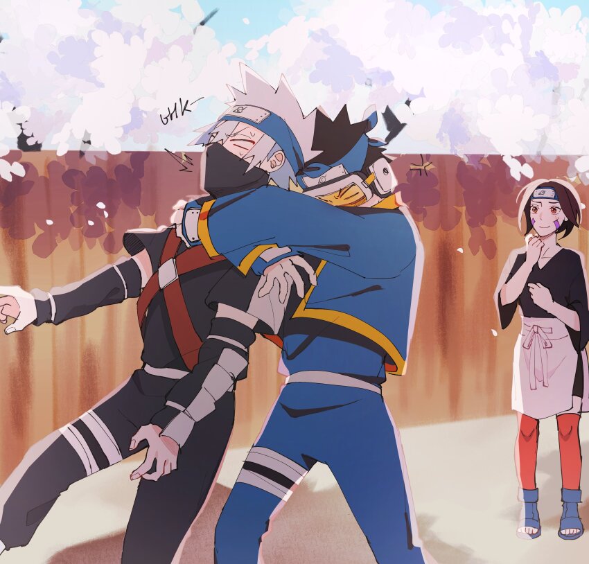 1girl 2boys absurdres apron arms_around_neck black_hair blank_eyes blue_jacket blue_pants brown_hair closed_mouth commentary english_commentary forehead_protector goggles grey_hair hatake_kakashi highres jacket leaning_back long_sleeves mask mouth_mask multiple_boys naruto_(series) naruto_shippuuden nohara_rin outdoors pants seirorath short_hair short_sleeves smile spiked_hair standing strangling sweatdrop uchiha_obito