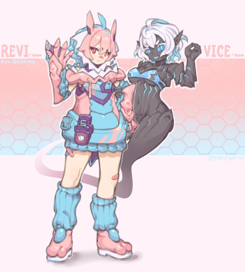 2girls bandaid bandaid_on_leg bandeau black_skin blue_bandeau blue_dress blue_eyes blue_hair blue_sclera blue_socks blue_tongue breasts character_name colored_sclera colored_skin colored_tongue commentary dress english_commentary gloves grey_hair hair_behind_ear hair_intakes highres kamen_rider kamen_rider_revi kamen_rider_revice looking_at_viewer medium_breasts meen multicolored_hair multiple_girls open_hand pink_dress pink_gloves pink_hair pointy_ears rider-tan short_hair smile socks streaked_hair tongue tongue_out two-tone_dress vice_(kamen_rider_revice)