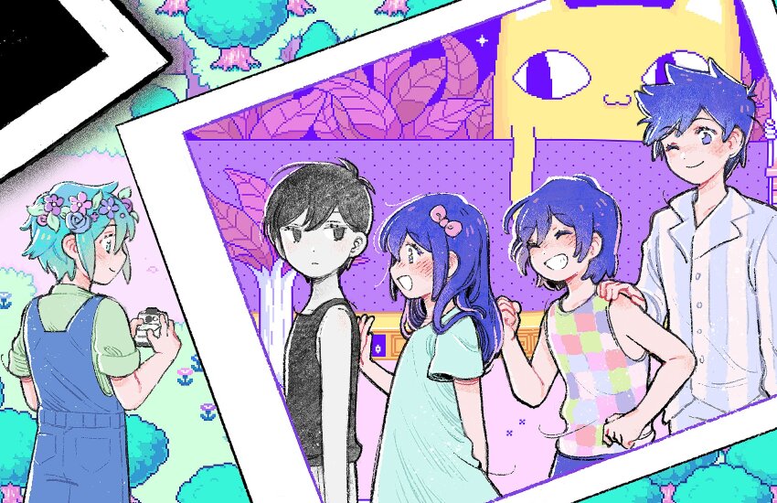 1girl 4boys antenna_hair aubrey_(headspace)_(omori) aubrey_(omori) basil_(headspace)_(omori) basil_(omori) big_yellow_cat_(omori) black_eyes black_hair blue_shirt blush bow brothers camera closed_eyes closed_mouth colored_skin cowboy_shot emily_shaw expressionless facing_another flower_wreath green_eyes green_hair green_shirt grin hair_bow head_wreath hero_(headspace)_(omori) hero_(omori) highres holding holding_camera kel_(headspace)_(omori) kel_(omori) long_hair long_sleeves looking_at_another multiple_boys omori omori_(omori) open_mouth overall_shorts overalls pajamas parted_lips pink_bow purple_eyes purple_hair revision shirt short_hair short_sleeves siblings sleeveless smile teeth white_skin