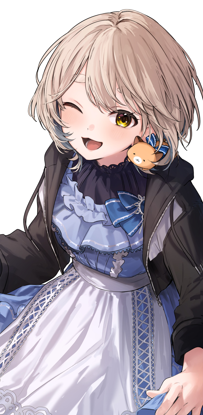 1girl absurdres apron black_jacket blonde_hair blue_bow blue_dress blue_hair blush boots bow brown_boots closed_mouth colored_inner_hair commentary_request cropped_jacket drawstring dress dress_bow eyelashes fingernails frilled_dress frills gonzalez_(machita_chima) hamster hamster_on_shoulder highres hood hood_down hooded_jacket jacket lace lace-trimmed_apron lace-trimmed_dress lace-up_boots lace_trim layered_dress long_sleeves machita_chima machita_chima_(6th_costume) maid maid_apron medium_hair multicolored_hair nijisanji official_alternate_costume official_alternate_hairstyle one_eye_closed open_clothes open_jacket outline short_eyebrows short_hair simple_background smile solo swept_bangs thick_eyebrows tone_haruma transparent_background upper_body virtual_youtuber waist_apron white_apron white_outline yellow_eyes