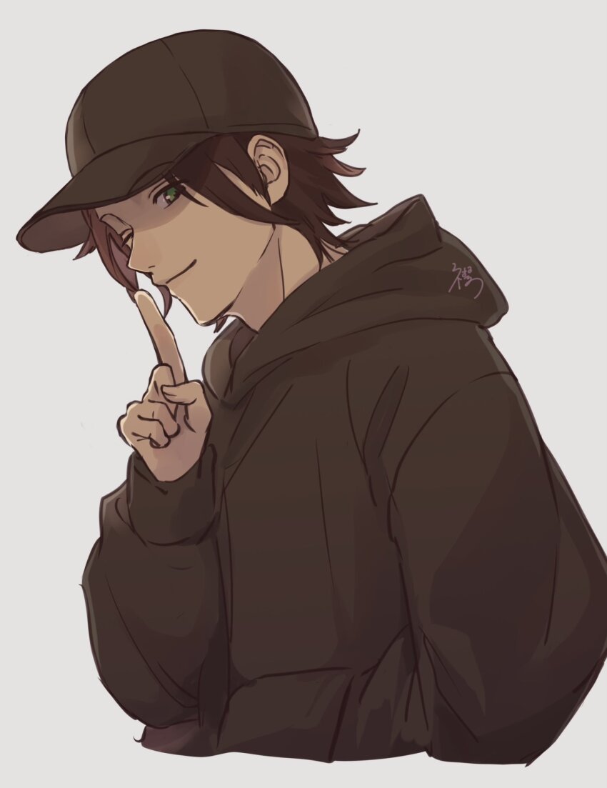 1boy arashiyama_jun baseball_cap black_hair black_hat black_hoodie closed_mouth erinan finger_to_mouth green_eyes hand_up hat highres hood hood_down hoodie long_sleeves male_focus one_eye_closed shushing simple_background smile solo upper_body white_background world_trigger
