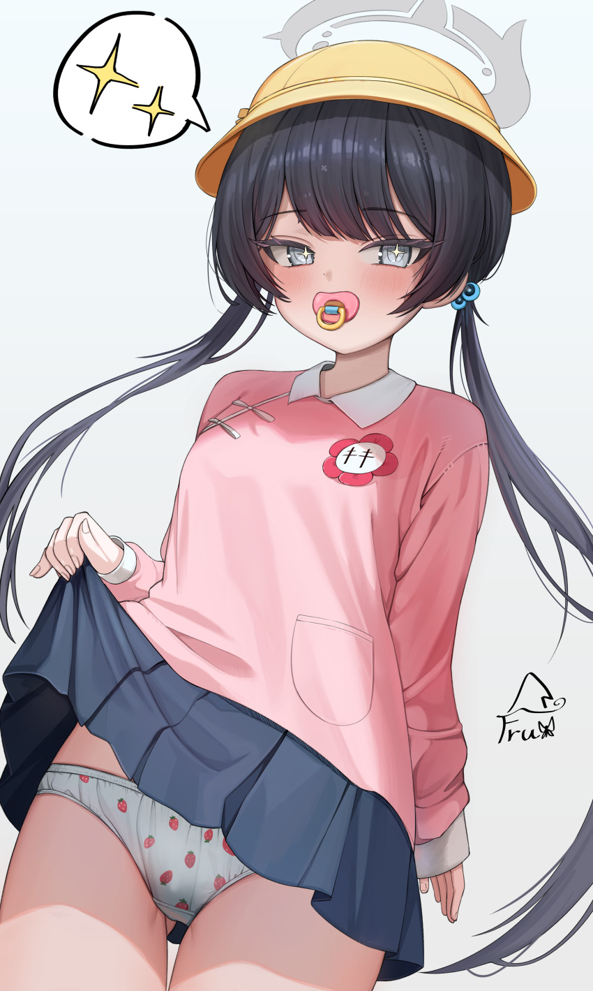 +_+ 1girl absurdres blue_archive blue_skirt blush clothes_lift commentary food_print fruit_print grey_eyes grey_halo hair_bobbles hair_ornament halo hat highres kindergarten_uniform kisaki_(blue_archive) kisaki_(kindergarten_uniform)_(blue_archive) lifting_own_clothes long_hair long_sleeves looking_at_viewer miniskirt pacifier panties pink_shirt pleated_skirt print_panties school_hat shirt simple_background skirt skirt_lift sleeves_past_wrists solo spoken_sparkle strawberry_panties strawberry_print suisen_(suisenhwa) thigh_gap thighs twintails underwear white_background white_panties yellow_hat