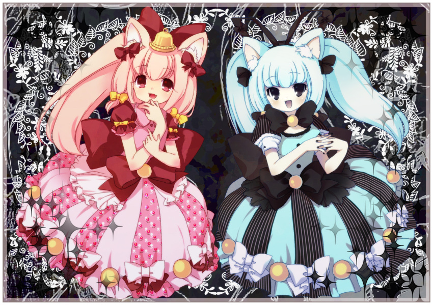 amo_(shibu3) animal_ear_fluff animal_ears bell black_eyes blue_dress blue_hair conchelle_monyanism dress fang frilled_dress frills grey_tongue hand_on_own_chin interlocked_fingers nekoashi_otome open_mouth pale_skin pink_dress pink_eyes pink_hair ponytail ribbon skin_fang smile towelket_wo_mou_ichido tsurime twintails warau_warawau