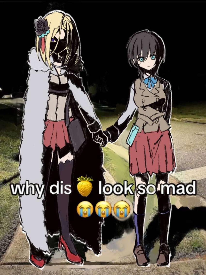 2girls aoi_erika black_hair blonde_hair bow breasts cape crying_emoji emoji face_in_shadow flower fur-trimmed_cape fur_trim green_eyes hair_flower hair_ornament heaven_burns_red highres kea long_sleeves medium_hair meme minase_ichigo multiple_girls photo_background rose shaded_face shirt short_hair sidewalk skirt vest white_shirt why_dis_ninja_look_so_mad_(meme)