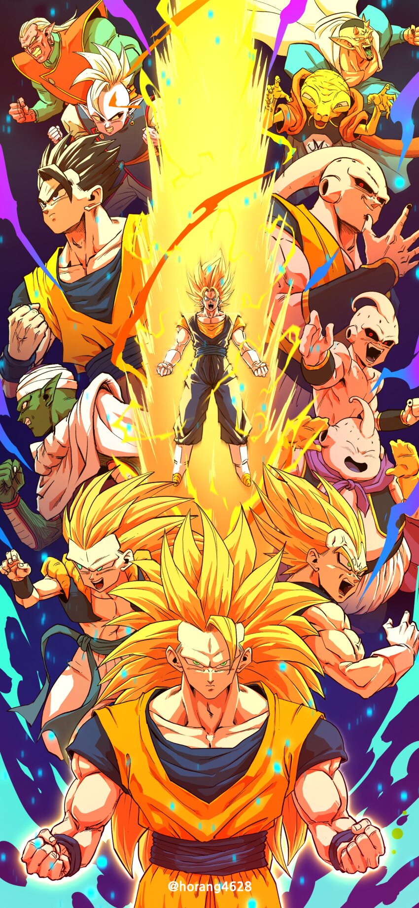 6+boys absurdres aura babidi black_hair black_sclera blonde_hair blue_pants blue_shirt boots cape capelet closed_eyes colored_sclera colored_skin commentary_request dabura demon dougi dragon_ball dragonball_z electricity everyone facial_mark fangs fat fat_buu fat_man fewer_digits forehead_mark gloves gotenks green_eyes green_skin highres horang4628 horns kibito kid_buu korean_commentary long_hair majin_buu majin_vegeta male_focus medium_hair mohawk multiple_boys muscular muscular_male namekian orange_shirt pants piccolo pink_skin pointy_ears potential_unleashed powering_up purple_capelet purple_skin red_eyes red_skin saiyan shin_(dragon_ball) shirt short_hair son_gohan son_goku spiked_hair super_buu super_saiyan super_saiyan_2 super_saiyan_3 turban twitter_username vegeta vegetto veins white_cape white_footwear white_gloves white_hair