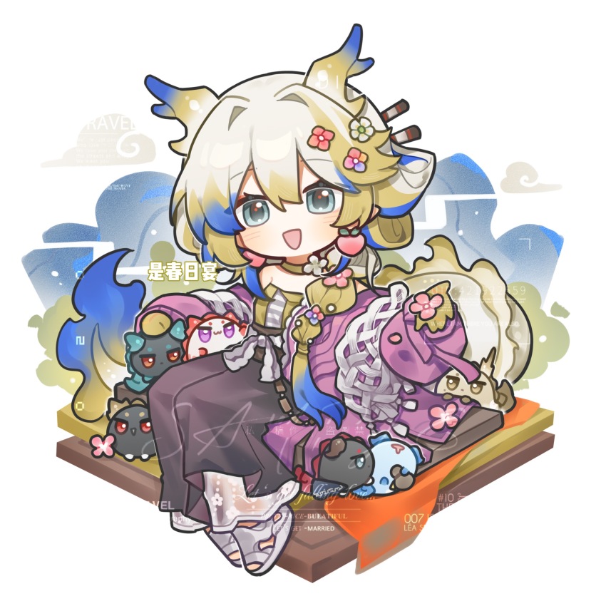 1girl :d annotated arknights blonde_hair blue_hair chibi chibi_only chinese_commentary choker chongyue_(arknights) commentary_request dragon_bubble_(arknights) dragon_girl dragon_horns dragon_tail dusk_(arknights) flower full_body green_eyes grey_hair hair_between_eyes hair_flower hair_ornament highres horns ji_(arknights) ling_(arknights) long_hair looking_at_viewer multicolored_hair nian_(arknights) official_alternate_costume open_mouth shu_(arknights) shu_(spring_feast)_(arknights) sitting smile solo tail too_many_watermarks tu_tu_cha_(sutuyuan) watermark white_background yellow_choker yu_(arknights)