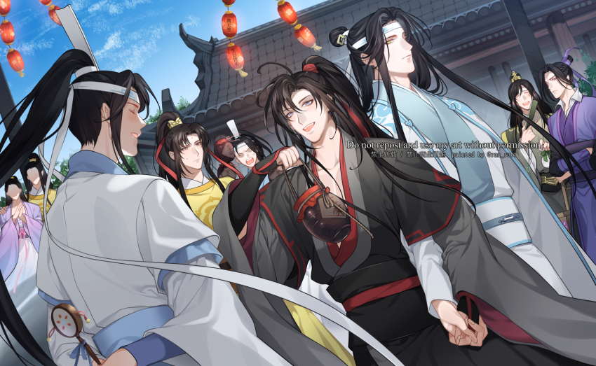 6+boys :d ahoge architecture bishounen black_hair black_hanfu blue_sky building chinese_clothes cloud day dutch_angle east_asian_architecture english_text green_hanfu hair_ribbon hanfu headband high_ponytail holding holding_hands holding_jar holding_rattle jar jiang_cheng jin_ling lan_jingyi lan_sizhui lan_wangji lantern long_hair long_sleeves looking_at_another looking_at_viewer male_focus modao_zushi multiple_boys nie_huaisang open_mouth outdoors paper_lantern ponytail purple_eyes purple_hanfu ran_kisaragi rattle ribbon ribboned_xiao_guan robe sash sidelocks sky smile standing topknot very_long_hair watermark wei_wuxian white_hanfu white_headband wide_sleeves xiao_guan_(headdress) yaoi yellow_eyes yellow_hanfu
