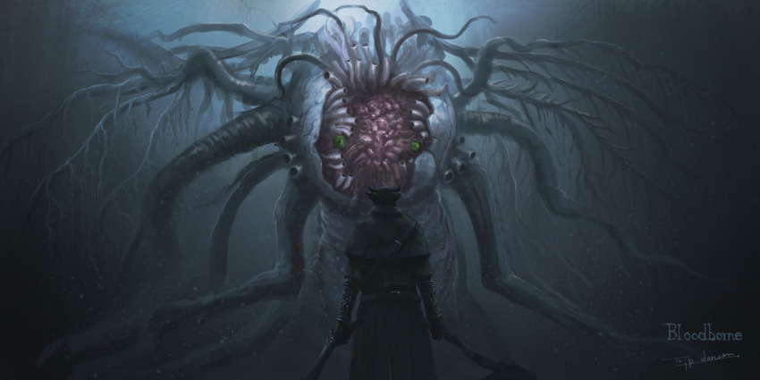 1other alien ambiguous_gender bloodborne ebrietas_daughter_of_the_cosmos eldritch_abomination extra_arms facing_another from_behind gloves green_eyes gun handgun hat highres holding holding_weapon hunter_(bloodborne) monster pistol saw saw_cleaver skeletal_wings slug solo tentacles tripdancer weapon wings