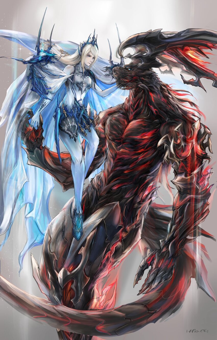 1boy 1girl cape claws emo18480621 final_fantasy final_fantasy_xvi floating glowing glowing_eyes hand_on_another&#039;s_face highres horns ifrit_(final_fantasy) pale_skin shiva_(final_fantasy) spikes tail tiara white_hair