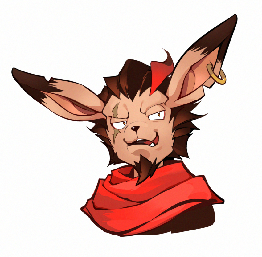 1boy afk_(series) afk_arena animal_ears commentary_request earrings facial_hair furry furry_male goatee jewelry khasos_(afk) looking_to_the_side male_focus multicolored_hair okn_369 open_mouth red_scarf scar scar_across_eye scar_on_face scarf single_earring smile streaked_hair upper_body white_background