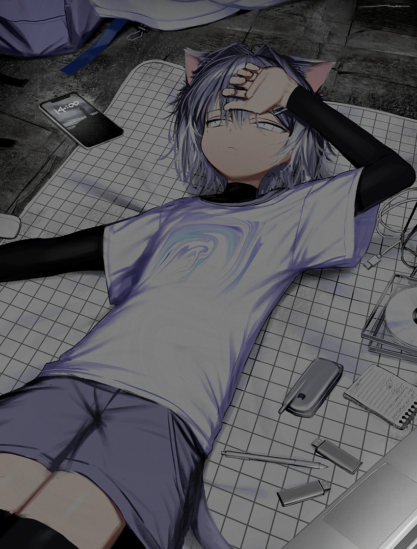 1girl absurdres animal_ears black_thighhighs black_undershirt blanket cat_ears cat_girl cat_tail cd_case cellphone closed_mouth colored_tips commentary_request cowboy_shot flash_drive flip_phone hair_intakes half-closed_eyes hand_on_own_head highres layered_sleeves legs_together long_sleeves looking_to_the_side lying multicolored_hair notepad on_back on_blanket on_ground original pen phone print_shirt purple_hair purple_shorts shirt short_hair short_over_long_sleeves short_shorts short_sleeves shorts signal_1120 smartphone solo t-shirt tail thighhighs turtleneck turtleneck_shirt white_eyes white_hair white_shirt