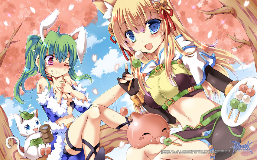 2girls :3 :d :t animal_ears bell black_shorts blonde_hair blue_cape blue_eyes blue_sky blue_sleeves blush breasts brown_gloves brown_shirt brown_skirt cape cat cherry_blossoms cleavage closed_mouth cloud copyright_notice crop_top cropped_jacket cup dango detached_sleeves elbow_gloves feet_out_of_frame fingerless_gloves food fox_ears fox_girl fur-trimmed_cape fur-trimmed_sleeves fur_trim gloves green_hair guest_art hair_bell hair_ornament hair_ribbon high_ponytail highres hunter_(ragnarok_online) jacket jingle_bell large_breasts leaf_cat logo long_hair looking_at_viewer medium_breasts midriff miniskirt multiple_girls navel nose_blush official_art official_wallpaper one_eye_closed open_mouth pink_eyes ponytail poring ragnarok_online red_ribbon ribbon sanshoku_dango shirt short_shorts shorts shorts_under_skirt sitting_on_branch skirt sky slime_(creature) smile stalker_(ragnarok_online) tree two-tone_shirt wagashi waist_cape water white_cat white_jacket yoroi_nau yunomi