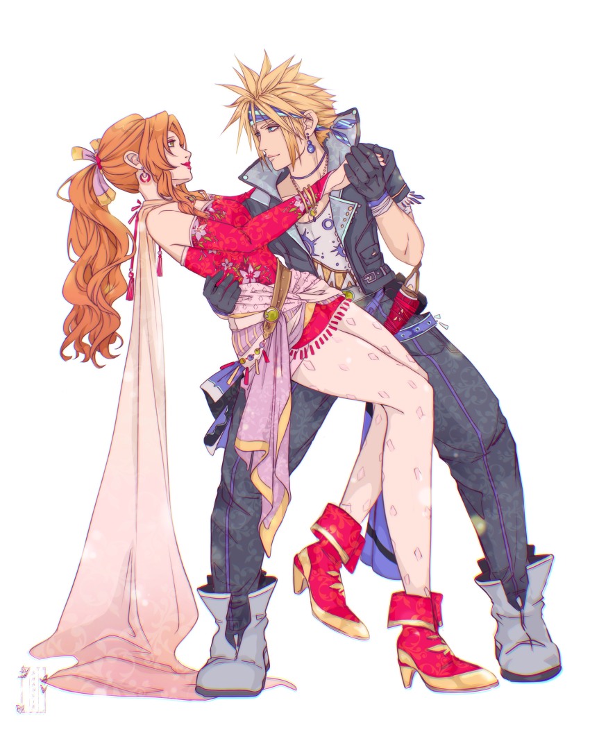 1boy 1girl absurdres aerith_gainsborough aerith_gainsborough_(terra&#039;s_garb) aqua_eyes bangle bare_shoulders black_gloves black_jacket black_pants blonde_hair blue_headband boots bracelet breasts cloud_strife cloud_strife_(locke&#039;s_outfit) cosplay detached_sleeves dip_(dance_move) dress earrings eyeshadow final_fantasy final_fantasy_vi final_fantasy_vii final_fantasy_vii_ever_crisis full_body gloves gradient_cape green_eyes grey_footwear hand_on_another&#039;s_back headband highres holding_hands jacket jewelry locke_cole locke_cole_(cosplay) long_hair looking_at_another makeup medium_breasts necklace orange_hair pants pantyhose ponytail popped_collar print_pantyhose print_shirt red_dress red_eyeshadow red_footwear red_lips red_sleeves sash shanlieart shirt short_hair short_sleeves spiked_hair strapless strapless_dress terra_branford_(cosplay) tina_branford tube_dress waist_sash wavy_hair