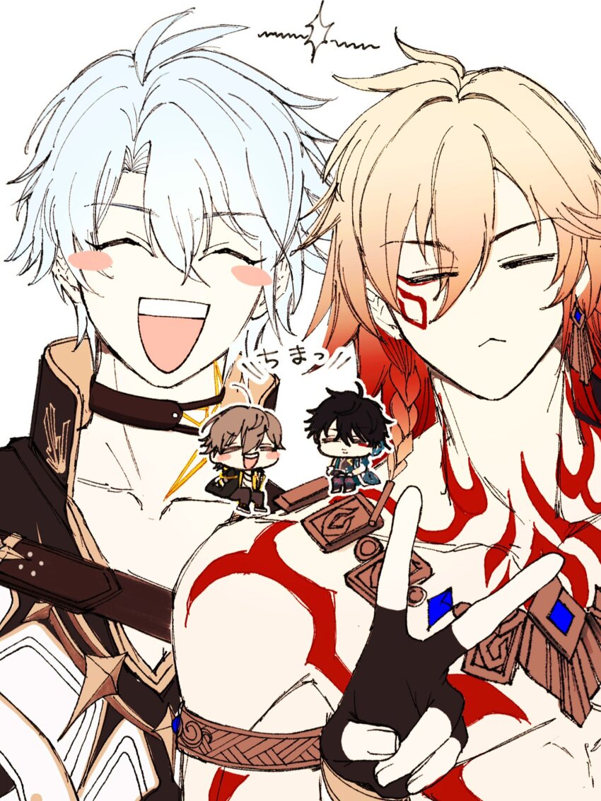 4boys antenna_hair black_choker black_gloves black_hair blonde_hair braid caelus_(honkai:_star_rail) chest_tattoo chibi choker closed_eyes coat commentary_request dan_heng_(honkai:_star_rail) dan_heng_(hunt)_(honkai:_star_rail) facial_tattoo fingerless_gloves gloves gradient_hair grey_hair hair_between_eyes highres honkai:_star_rail honkai_(series) male_focus medium_hair multicolored_hair multiple_boys mydei_(honkai:_star_rail) neck_tattoo phainon_(honkai:_star_rail) red_hair red_tattoo sakae_0_0 short_hair side_braid sun_symbol sun_tattoo tan tattoo trailblazer_(honkai:_star_rail) v white_coat white_hair