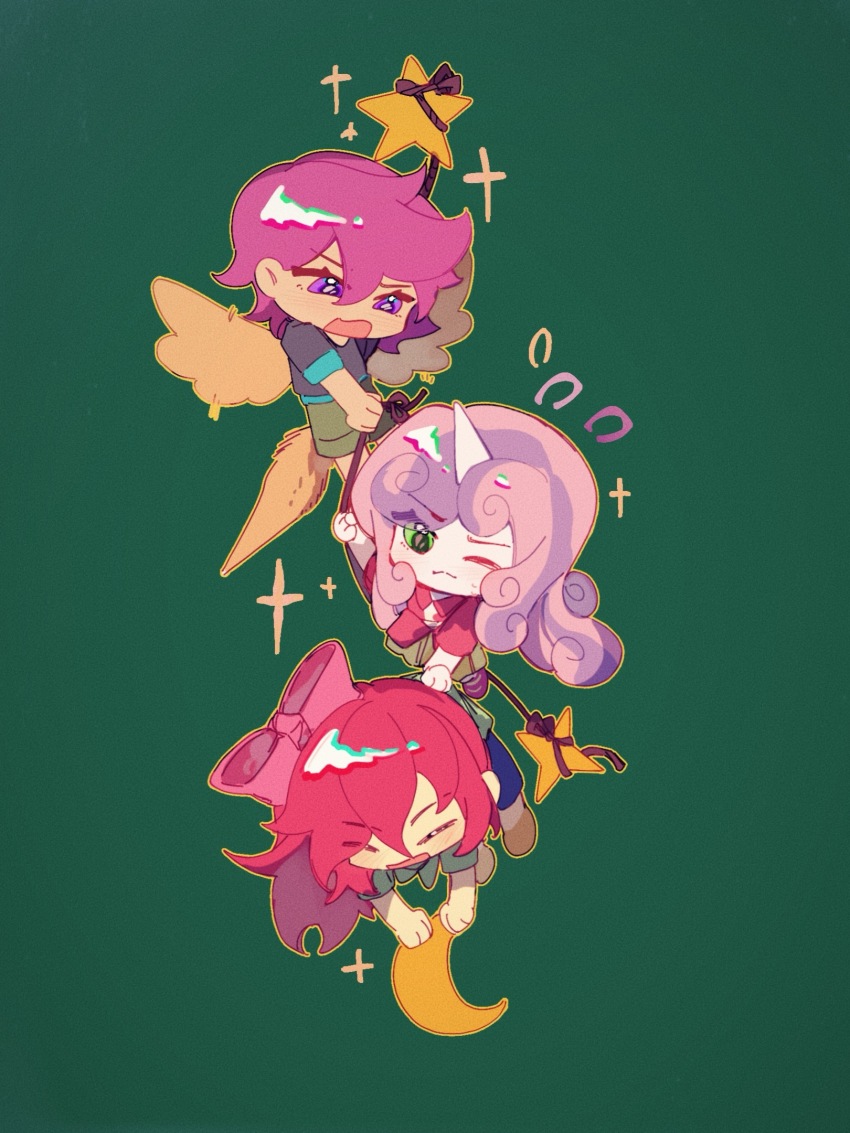 3girls apple_bloom apple_bloom_(equestria_girls) black_shirt blue_shorts bow brown_skirt chibi chibi_only closed_eyes closed_mouth collared_shirt colored_skin crescent curly_hair cutie_mark_crusaders eyes_visible_through_hair film_grain flying_sweatdrops full_body green_background green_eyes green_shirt green_shorts hair_between_eyes hair_bow highres horns long_hair multicolored_hair multiple_girls my_little_pony my_little_pony:_equestria_girls my_little_pony:_friendship_is_magic no_sclera open_mouth orange_tail orange_wings outline pink_hair pink_shirt pink_shoes purple_eyes purple_hair red_bow red_hair rope scootaloo scootaloo_(equestria_girls) shirt shirt_tug shoes short_hair short_sleeves shorts simple_background single_horn skirt sparkle star_(symbol) streaked_hair sweat sweetie_belle sweetie_belle_(equestria_girls) two-tone_hair unicorn_girl unicorn_horn white_skin wings wumingshi61160 yellow_outline