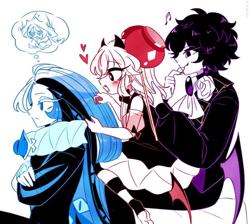 1girl 2boys asymmetrical_eyelashes black_sapphire_cookie blue_eyes blue_hat brooch candy_apple candy_apple_cookie candy_apple_hair_ornament cookie_run cookie_run:_kingdom eye_brooch eye_print food haep0510 hat highres humanization jester jester_costume jewelry long_hair long_sleeves looking_at_viewer male_focus multiple_boys neck_ruff puffy_long_sleeves puffy_sleeves shadow_milk_cookie simple_background solo very_long_hair white_hair