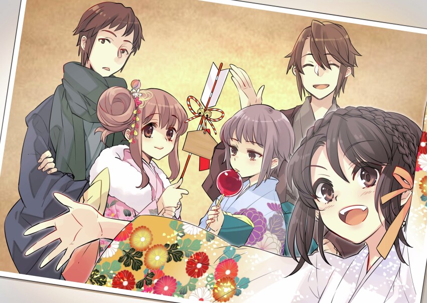 2boys 3girls :d asahina_mikuru black_kimono brown_eyes brown_hair brown_kimono candy_apple closed_eyes closed_mouth crossed_arms floral_print food green_scarf hair_bun hair_ribbon highres ito_noizi japanese_clothes kimono koizumi_itsuki kyon licking long_hair long_sleeves looking_at_viewer multiple_boys multiple_girls nagato_yuki official_art open_mouth photo_(object) pink_kimono purple_hair ribbon scarf second-party_source short_hair single_hair_bun smile sos_brigade suzumiya_haruhi suzumiya_haruhi_no_yuuutsu teeth tongue upper_teeth_only white_kimono wide_sleeves yellow_ribbon yukata