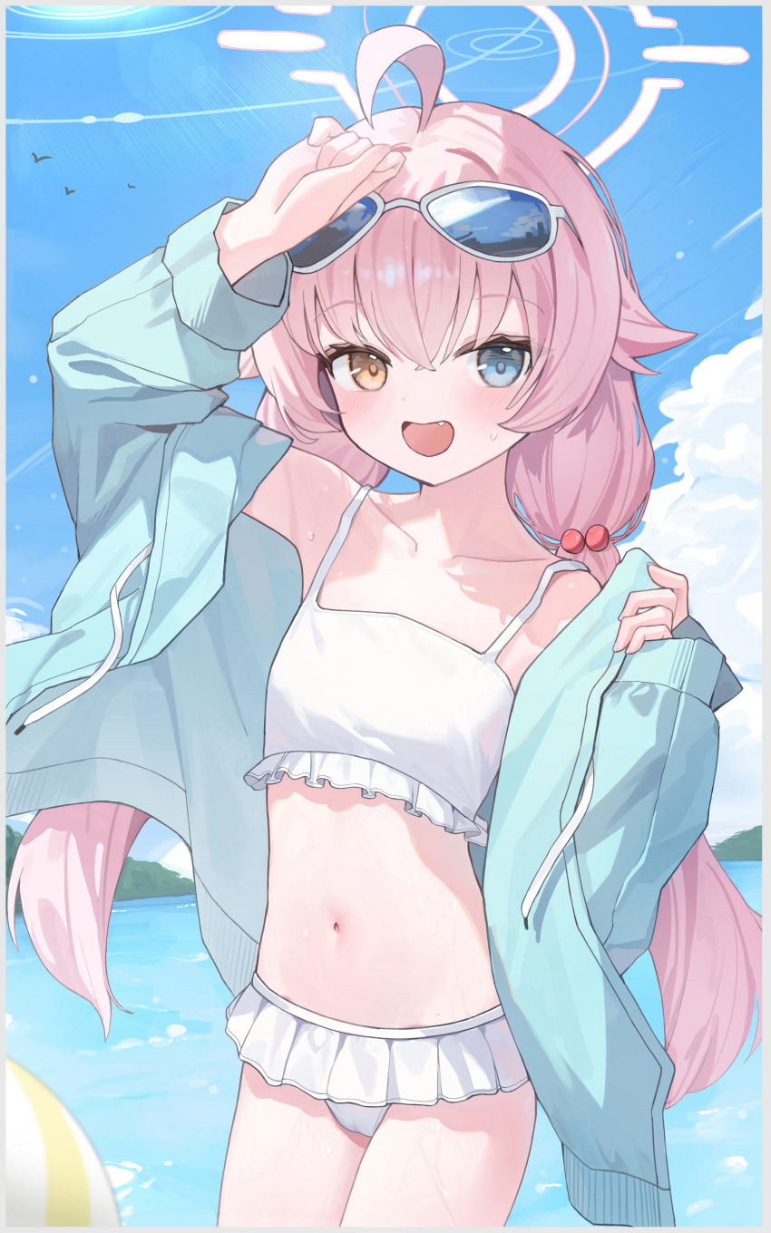 1girl absurdres ahoge bikini blue_archive blue_eyes blue_jacket blush breasts cameltoe commentary eyewear_on_head fang frilled_bikini frills hair_bobbles hair_ornament halo heterochromia highres hoshino_(blue_archive) hoshino_(swimsuit)_(blue_archive) jacket loli long_hair long_sleeves looking_at_viewer low_twintails luo_shu navel official_alternate_costume open_mouth pink_hair pink_halo small_breasts solo sunglasses swimsuit twintails very_long_hair wet white_bikini yellow_eyes