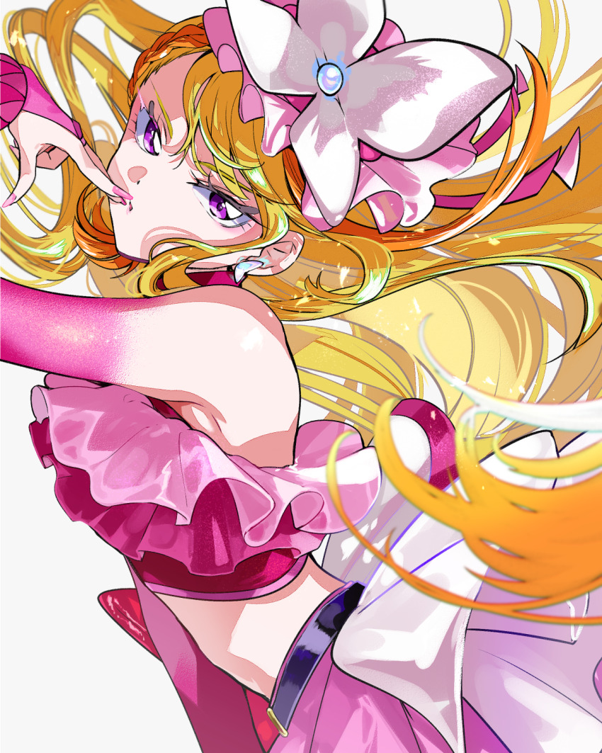 1girl asako_(itiba) belt black_belt blonde_hair braid braided_bangs commentary crop_top cure_butterfly earrings elbow_gloves fingerless_gloves gloves hat highres hijiri_ageha hirogaru_sky!_precure jewelry long_hair looking_at_viewer magical_girl midriff multicolored_hair open_mouth pink_eyes pink_gloves pink_hat pink_shirt pink_skirt precure shirt skirt solo two-tone_hair white_background wrist_cuffs