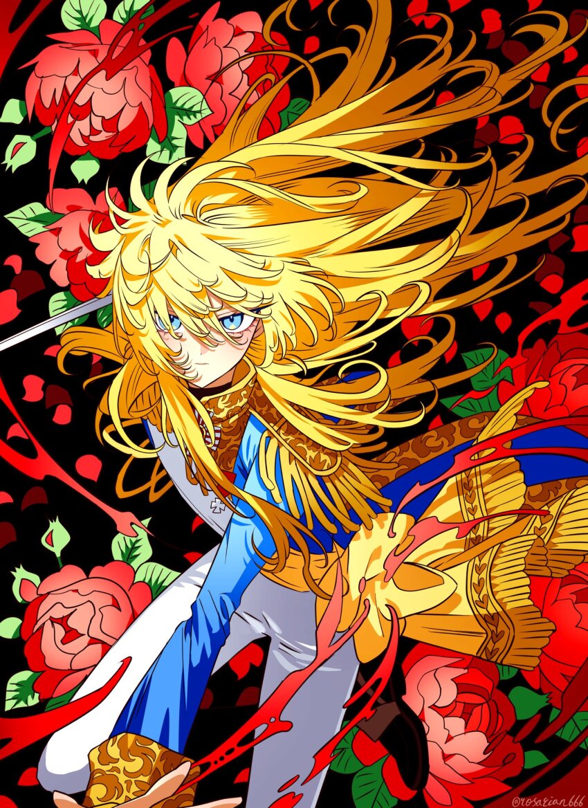 1girl blonde_hair blue_eyes blue_jacket epaulettes floating_hair floral_background flower hair_between_eyes highres jacket long_hair looking_at_viewer meremero oscar_francois_de_jarjayes pants red_flower red_rose rose versailles_no_bara white_pants