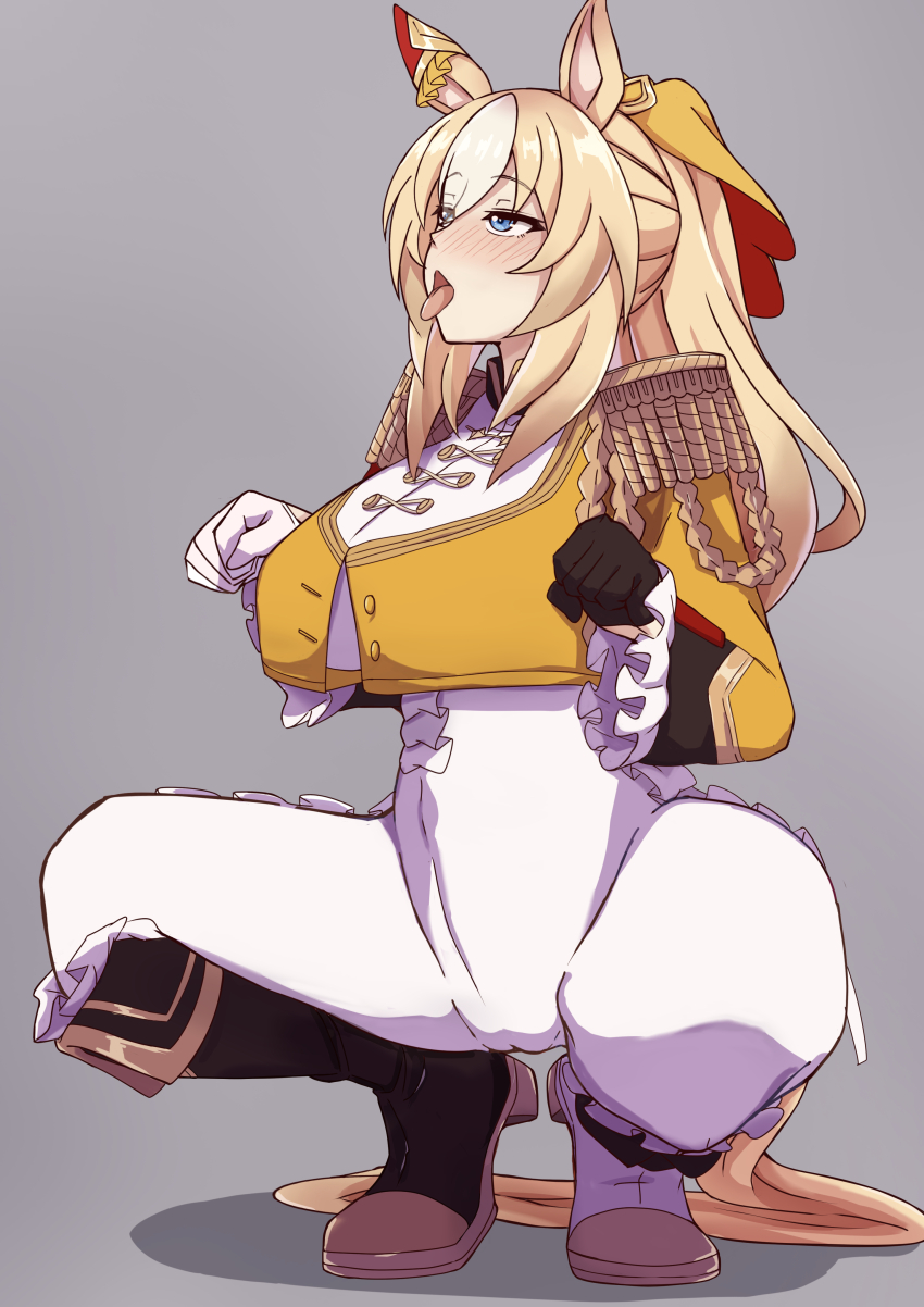 1girl absurdres aki_(mmtghdak) animal_ears blonde_hair blush bodysuit boots breasts durandal_(umamusume) ear_covers ear_ornament epaulettes fourragere frilled_bodysuit full_body highres horse_ears horse_girl horse_tail long_hair multicolored_hair open_mouth paw_pose ponytail shoes single_ear_cover solo spread_legs squatting tail tiptoes tongue tongue_out two-tone_hair umamusume white_bodysuit