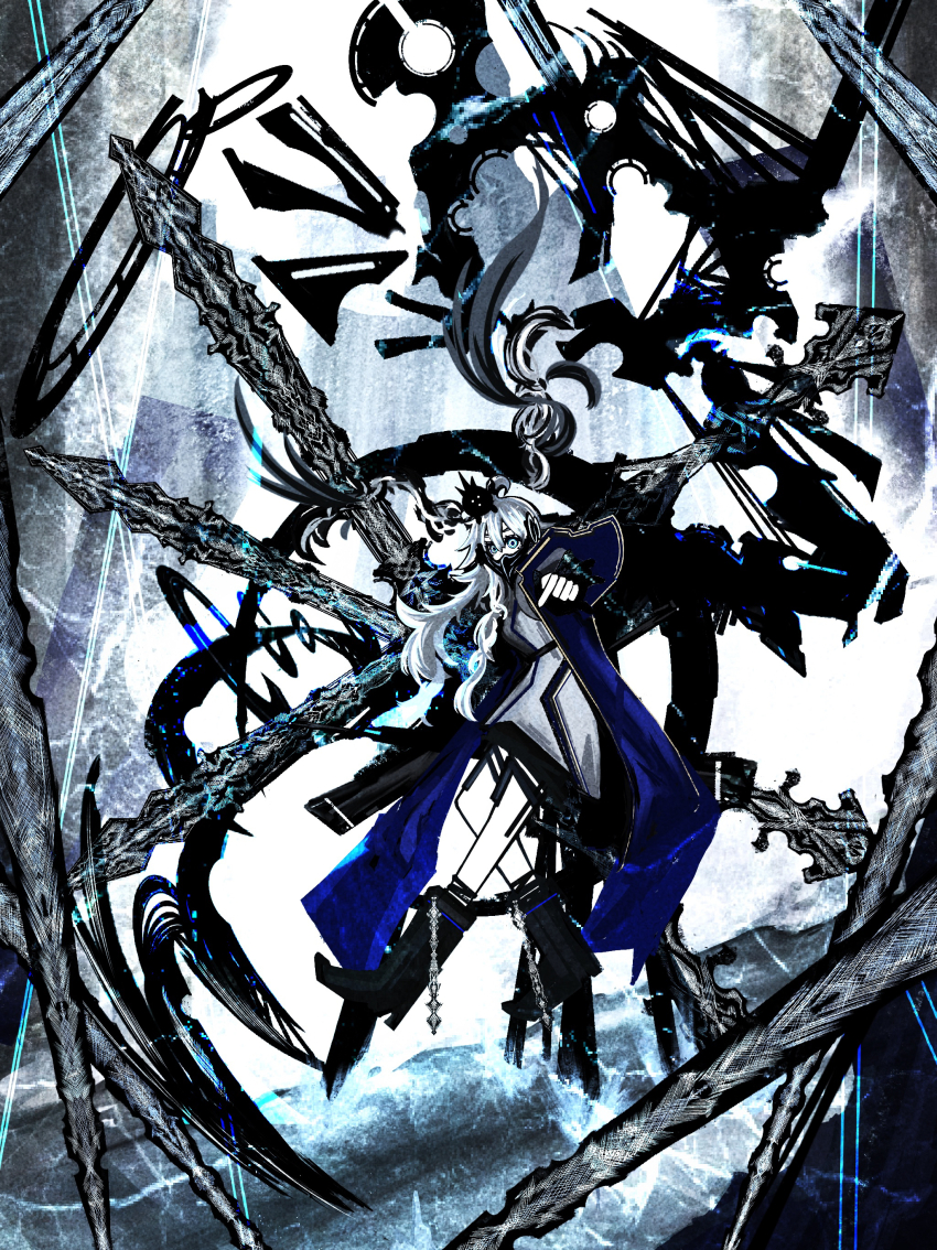 1girl absurdres animal animal_on_head blue_eyes blue_theme boots coat covered_mouth dress floating full_body highres looking_at_viewer on_head original outstretched_arm riz_kira solo wide-eyed