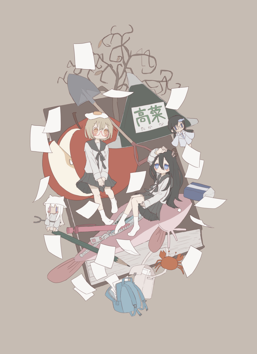 4girls absurdres animal_hair_ornament apple bag book crab egg egg_(food) egg_yolk eraser fish flying_paper food food_on_head fried_egg fruit highres multiple_girls mushroom mushroom_on_head object_on_head paper pen pencil apple school_bag school_uniform shimeji_simulation shovel socks the_gardener_(shimeji_simulation) tree tsukishima_mina tsukishima_shijima tsukishima_shijima&#039;s_sister unkempt yamashita_majime yuki53902