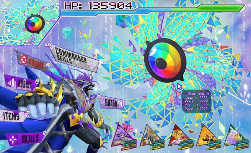 digimon digimon_(creature) digimon_rearise drill english_text gaioumon gaioumon_itto_mode heavyleomon looking_at_another lovelyangemon mitamamon rainbow_gradient rasenmon rasenmon_(anniversary_ver.) spiral_(digimon) spiral_origin triangle