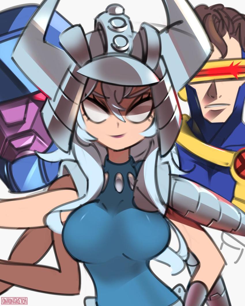 1boy 1girl animification blue_leotard breasts brown_hair capcom cyclops_(x-men) helmet highres leotard looking_at_viewer marvel marvel_vs._capcom mecha medium_breasts no_pupils onionsketch parted_lips red_eyes robot sentinel_(x-men) silver_hair smile spiral_(marvel) superhero_costume visor white_eyes x-men x-men:_children_of_the_atom