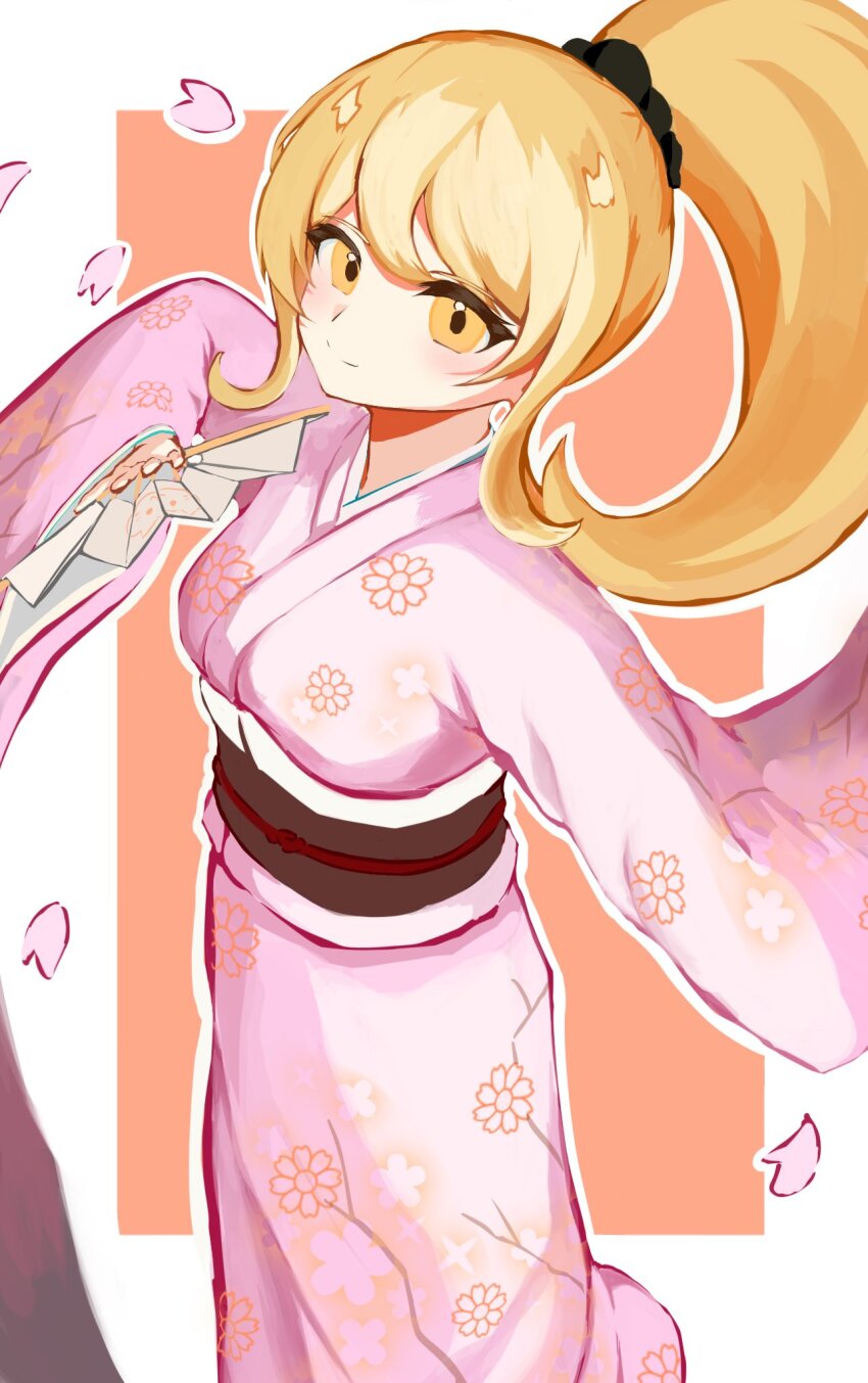 1girl black_scrunchie blonde_hair brown_background danganronpa_(series) danganronpa_2:_goodbye_despair floral_print hair_ornament hair_scrunchie hand_fan highres holding holding_fan japanese_clothes kimono long_hair long_sleeves nia12_(nininia1213) obi orange_eyes pink_kimono saionji_hiyoko sash scrunchie smile solo white_background wide_sleeves