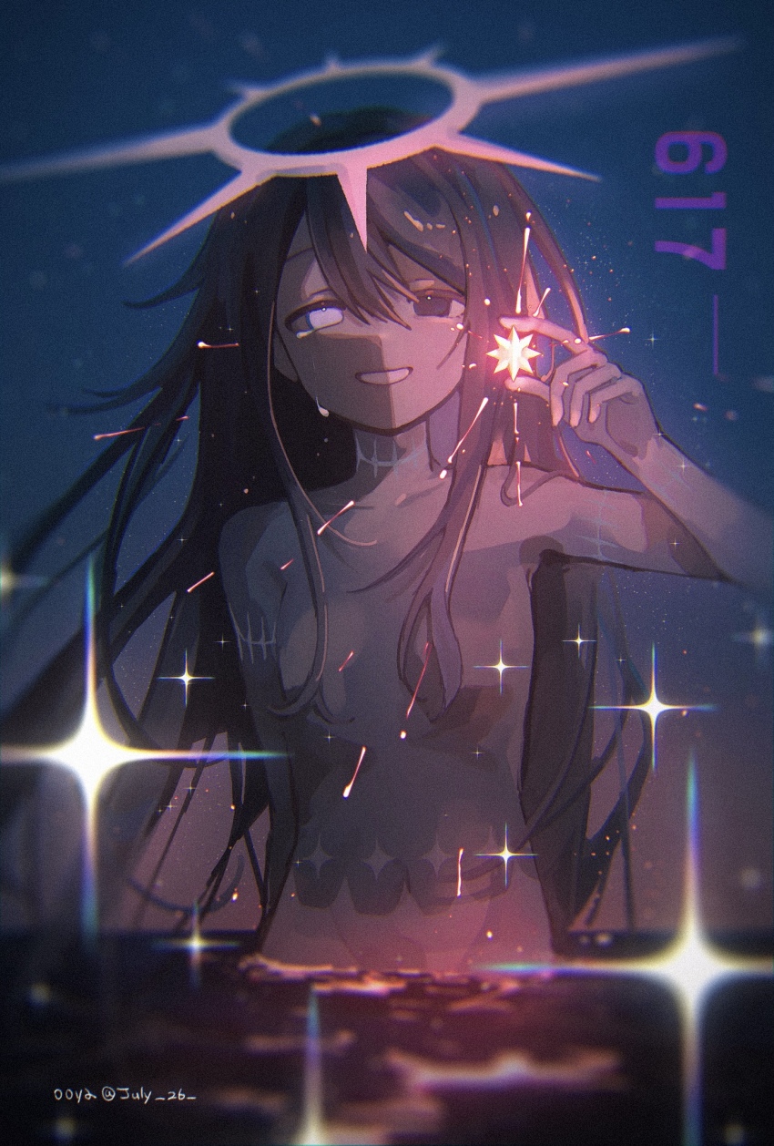 1other androgynous arm_behind_back blue_eyes blue_hair blurry dark_skin depth_of_field glowing glowing_eye halo highres holding holding_star long_hair looking_at_viewer mili_(band) navel ooya_(july_26) other_focus sidelocks signature smile solo sparkle star_(symbol) tears teeth topless_other torino_(mili) very_long_hair water