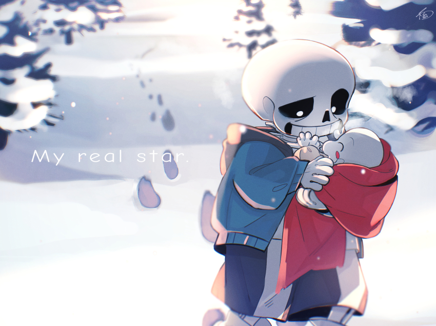 2boys aged_down baby black_shorts blue_jacket closed_eyes english_text grin highres jacket looking_down male_focus multiple_boys papyrus_(undertale) pink_slippers sans_(undertale) shorts skeleton slippers smile snow teeth undertale watashida
