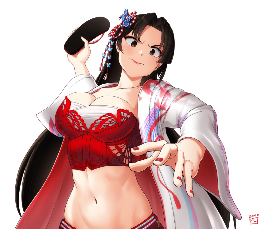 1girl breasts brown_hair bustier cleavage fatal_fury female_focus finalcake frown highres holding holding_sandals large_breasts long_hair looking_at_viewer navel official_alternate_costume official_alternate_hairstyle red_bustier red_nails sandals shiranui_mai solo stomach street_fighter street_fighter_6 throwing